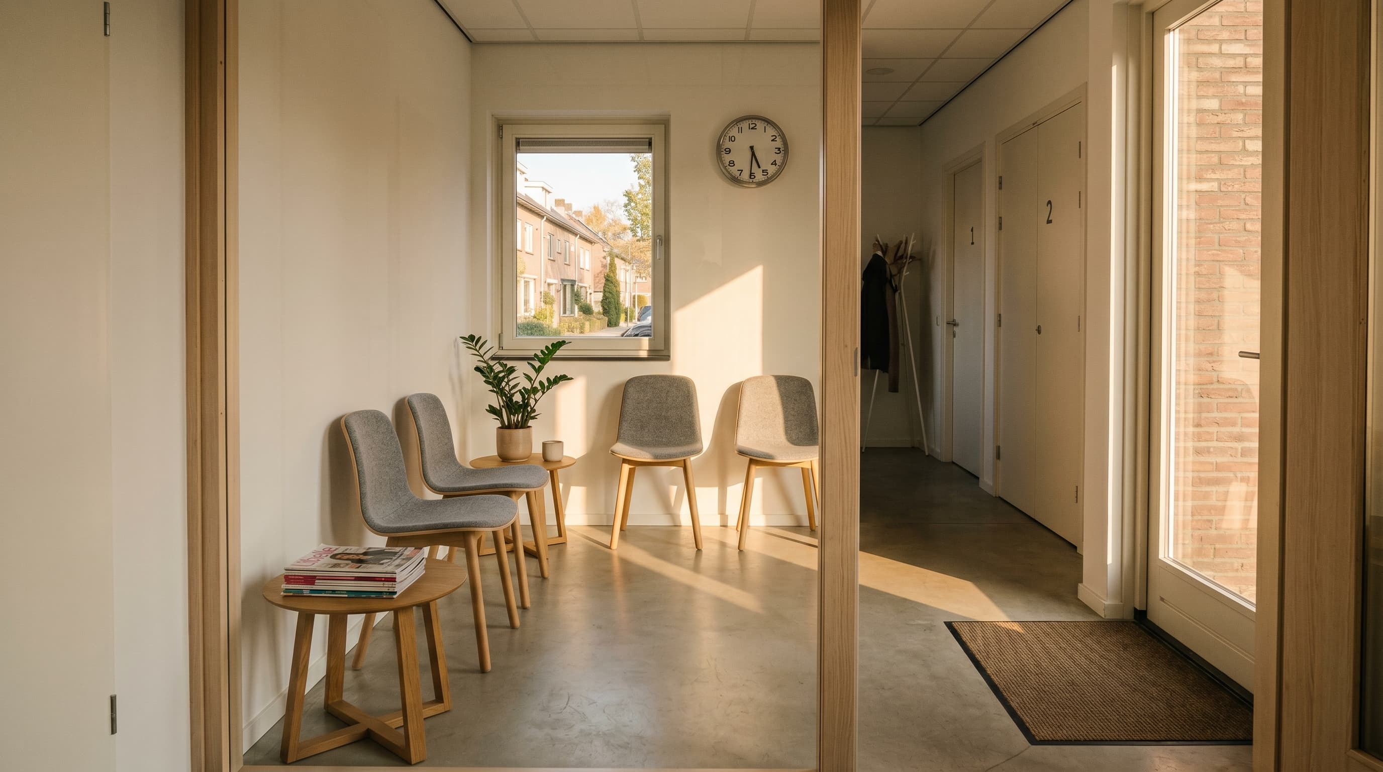 Lege wachtkamer van een Nederlandse fysiotherapiepraktijk in namiddaglicht