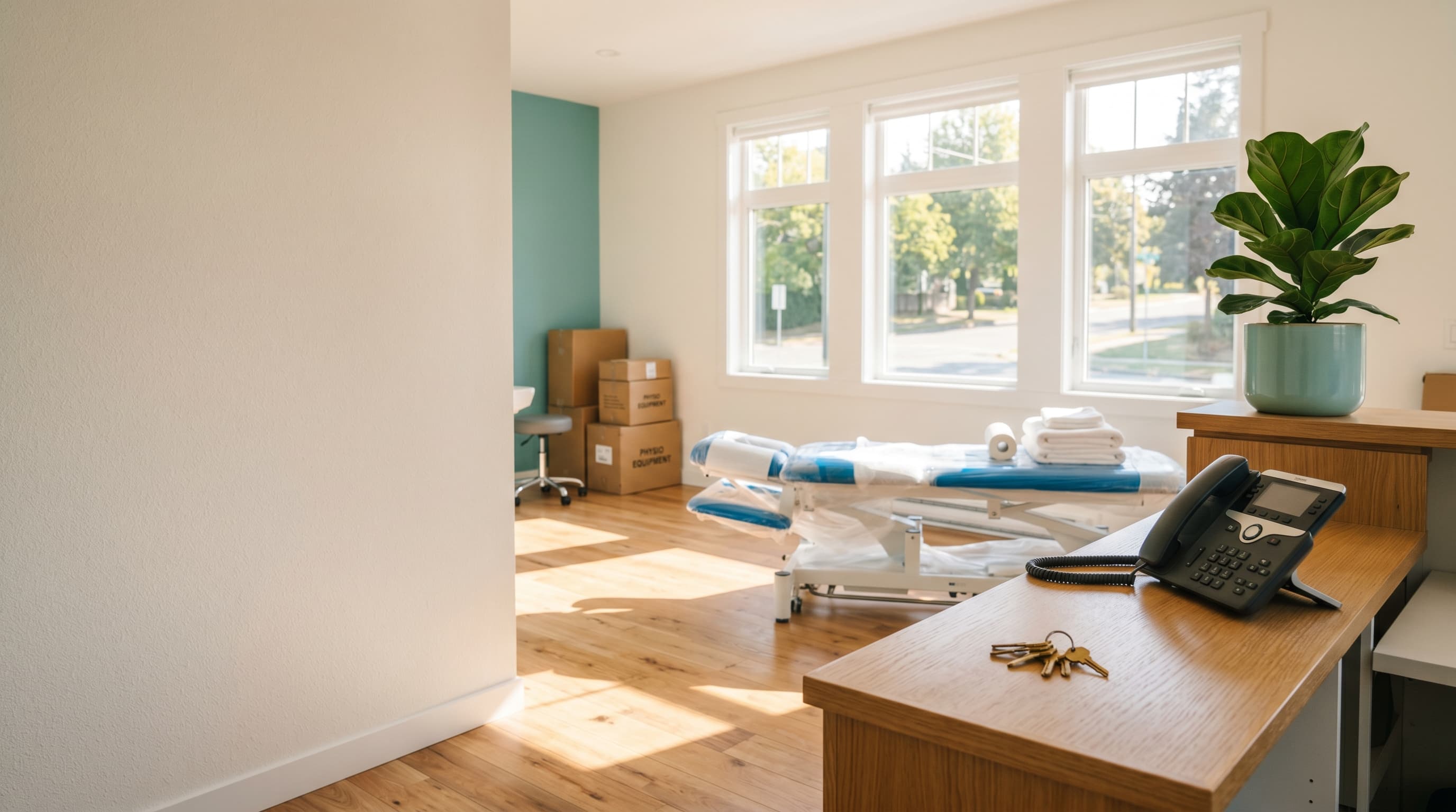 Nieuwe fysiotherapiepraktijk met verhuisdozen, ingepakte behandeltafel en sleutels op de balie