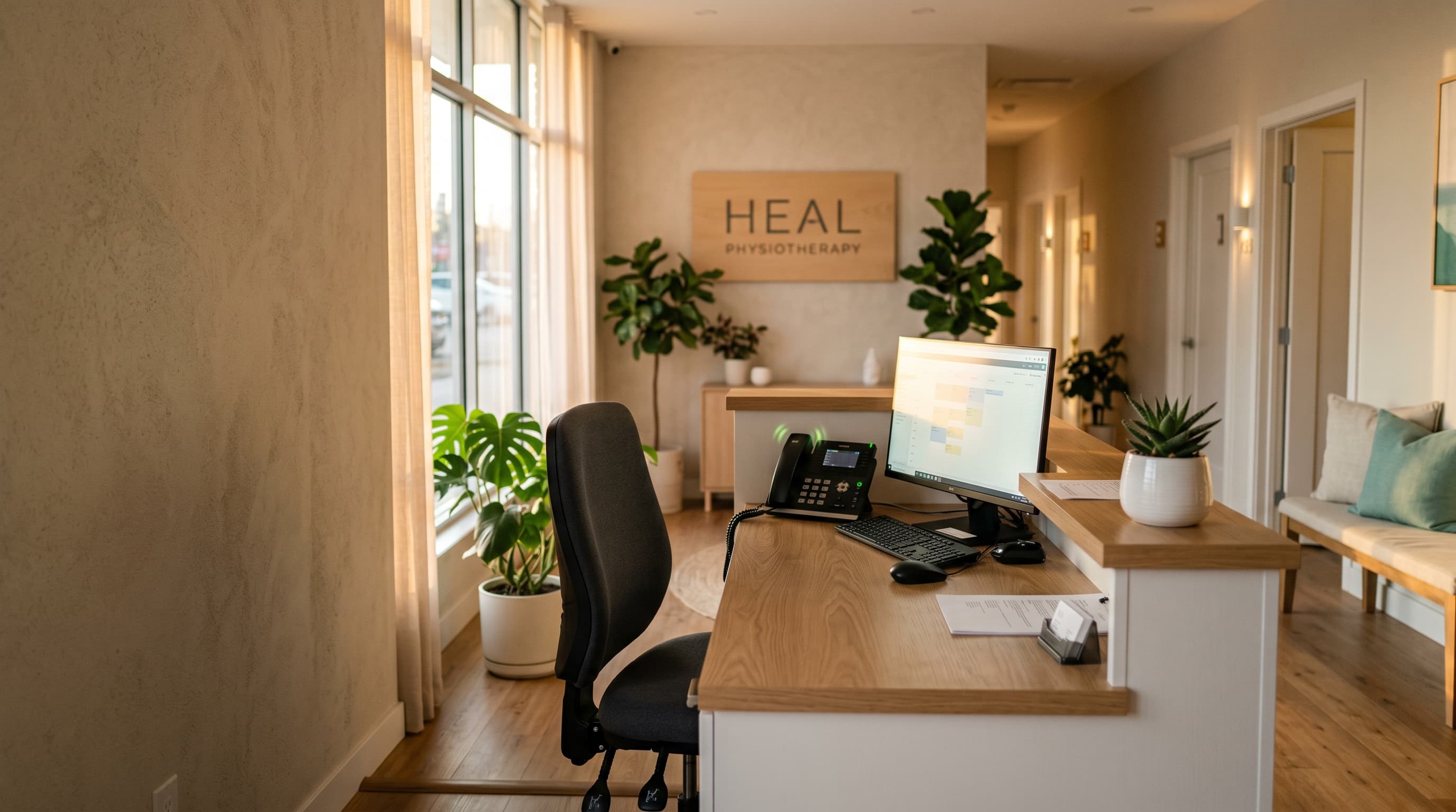 Onbemande receptie met rinkelende telefoon in een fysiotherapiepraktijk